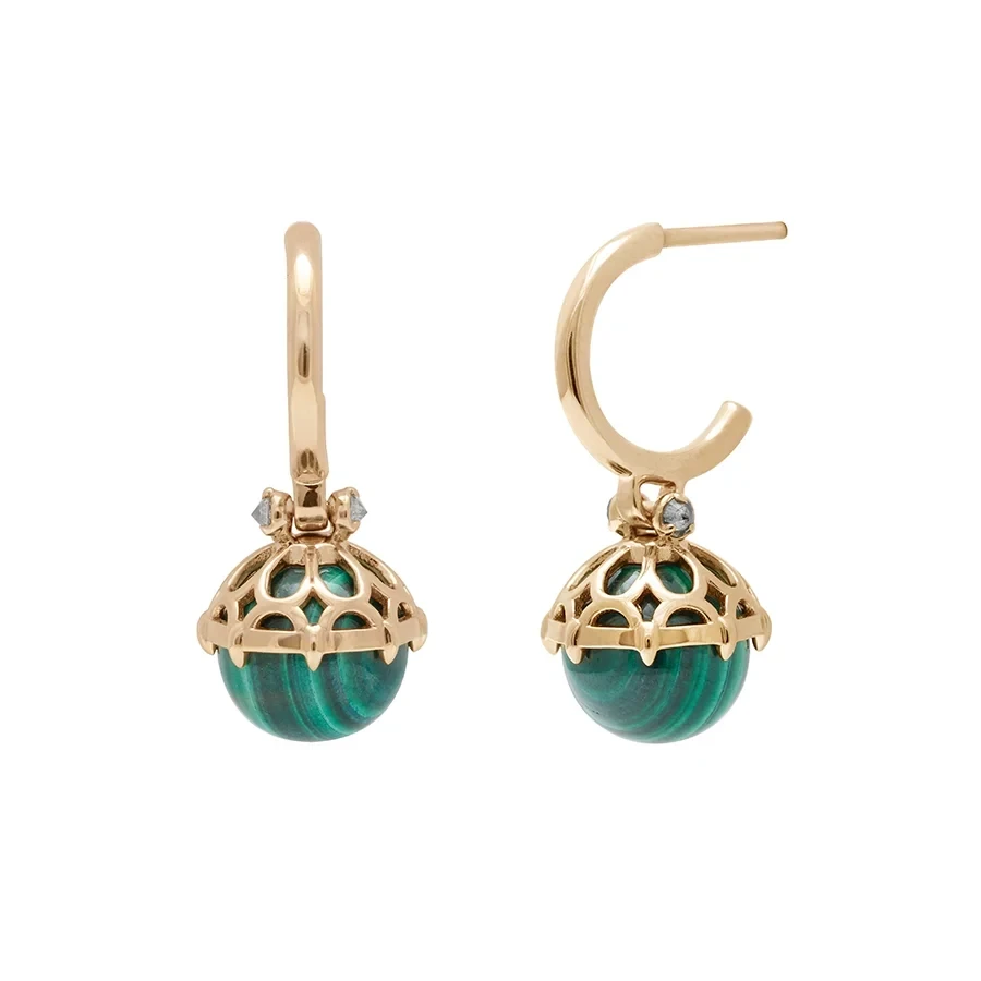 Emma Lace Cap Hoops - 14k Yellow Gold, Malachite (8.35mm) & Grey Diamonds