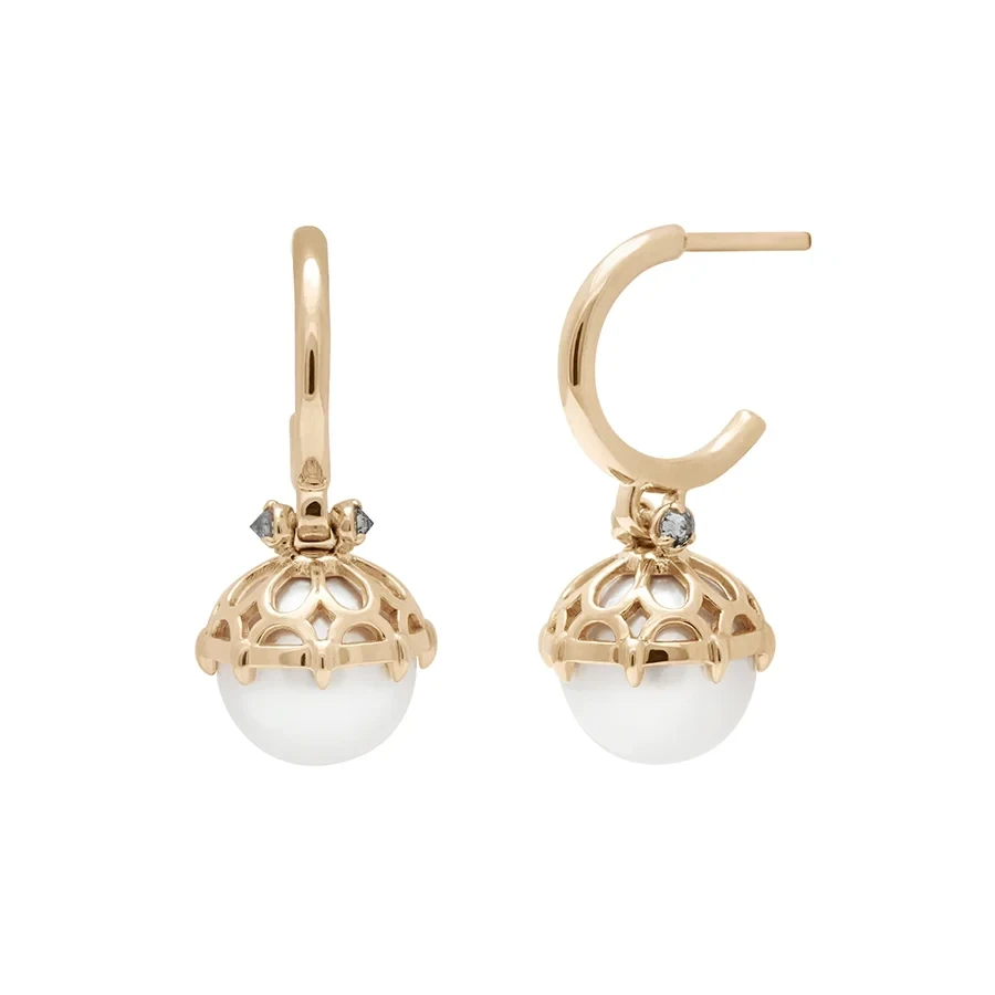 Emma Lace Cap Pearl Hoops - 14k Yellow Gold, Light Pearl (8.6mm) & Grey Diamonds