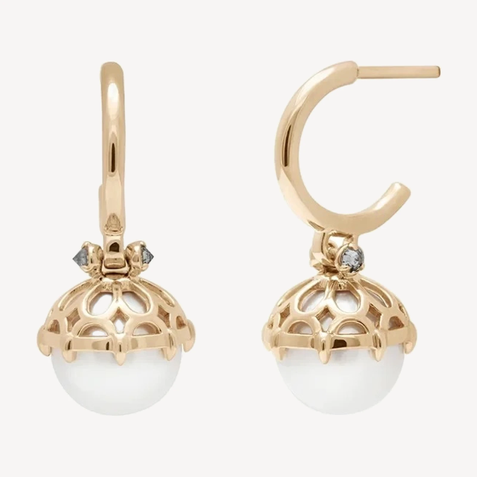 Emma Lace Cap Pearl Hoops - 14k Yellow Gold, Light Pearl (8.6mm) & Grey Diamonds