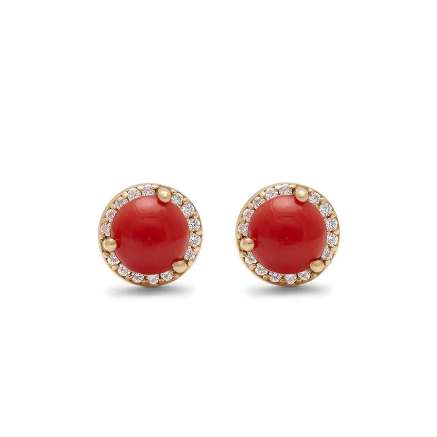 Rosette Stud Earring (Medium) PAIR - Yellow Gold, Coral & White Diamonds