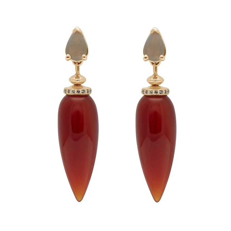 Luna Pendulum Earrings (PAIR) - Yellow Gold, Carnelian & Grey Diamonds