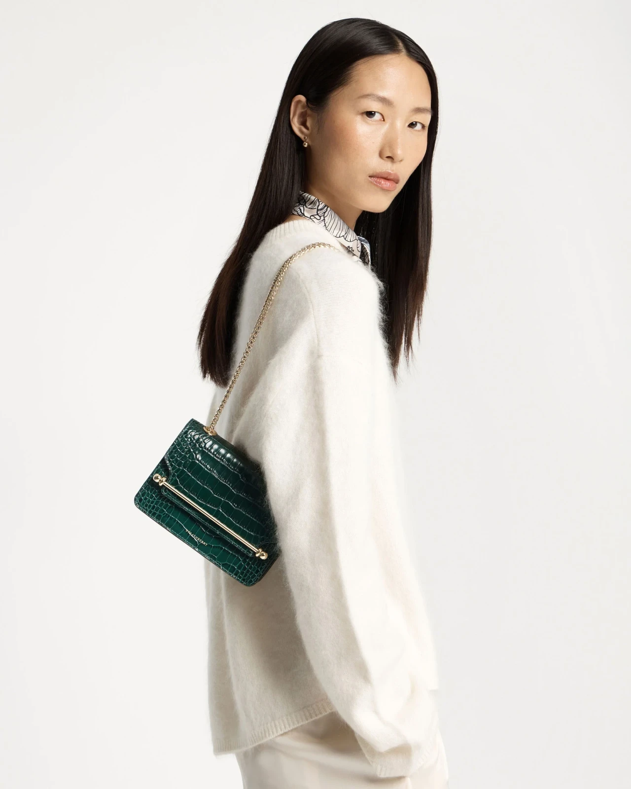 East/West Mini - Croc-Embossed Leather Bottle Green
