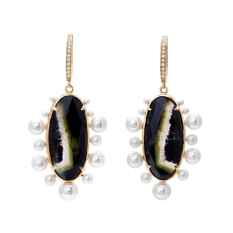 Doublet Drop Hoop Earrings - Yellow Gold, Quartz & Pearl