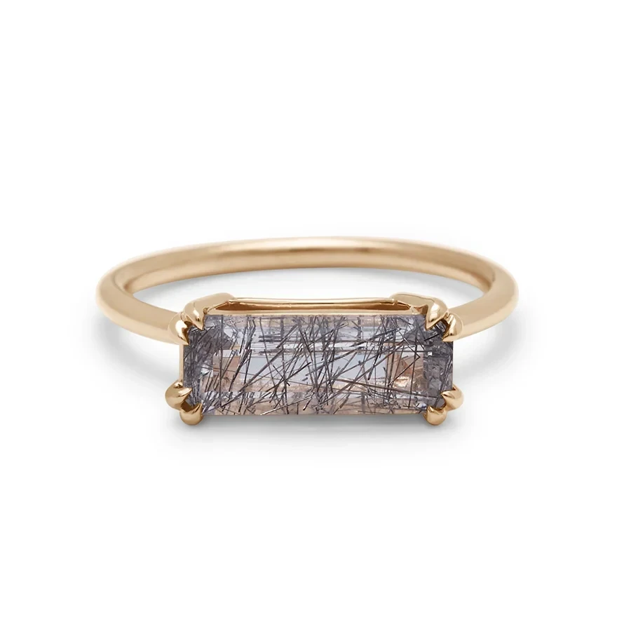 Elongated Bea East/West Solitaire Ring - Yellow Gold & Black Rutilated Quartz