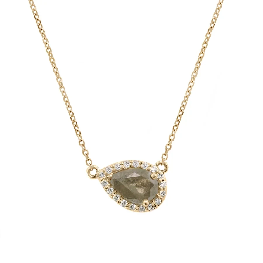 Pear Luna Halo Necklace (Tiny) - Yellow Gold, Grey Diamond & White Diamonds