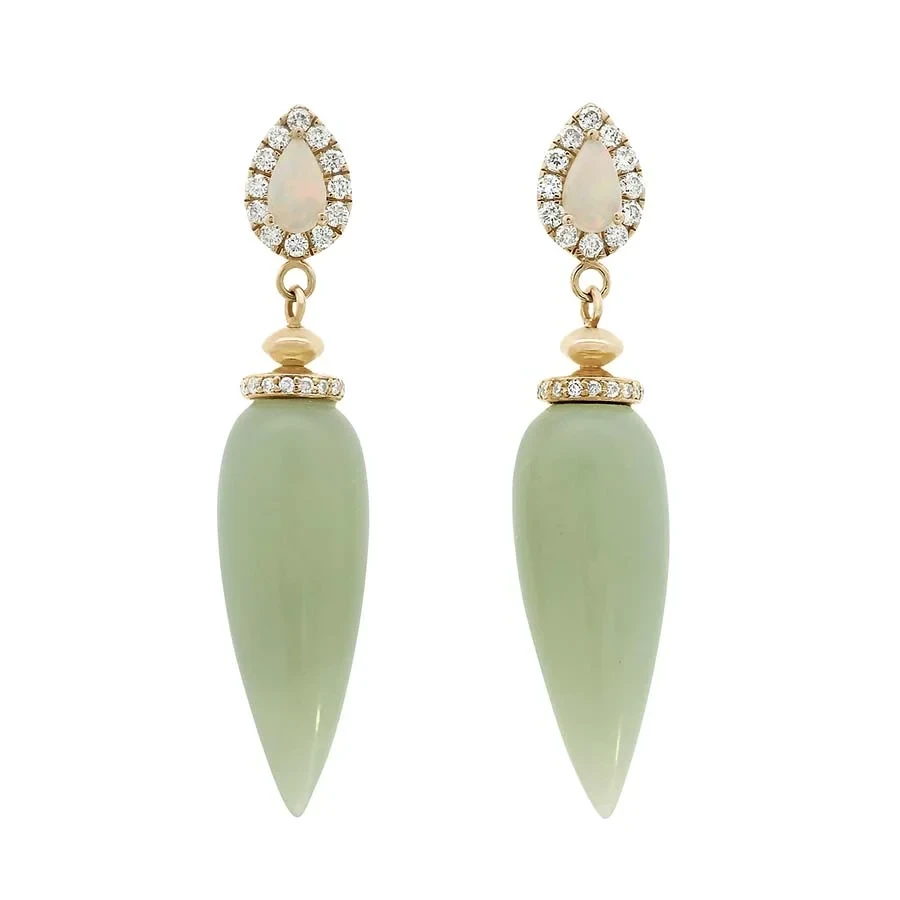 Luna Halo Pendulum Earrings - Yellow Gold, Serpentine & Opal
