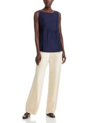 Eileen Fisher Silk Bateau Neck Pleated Shell