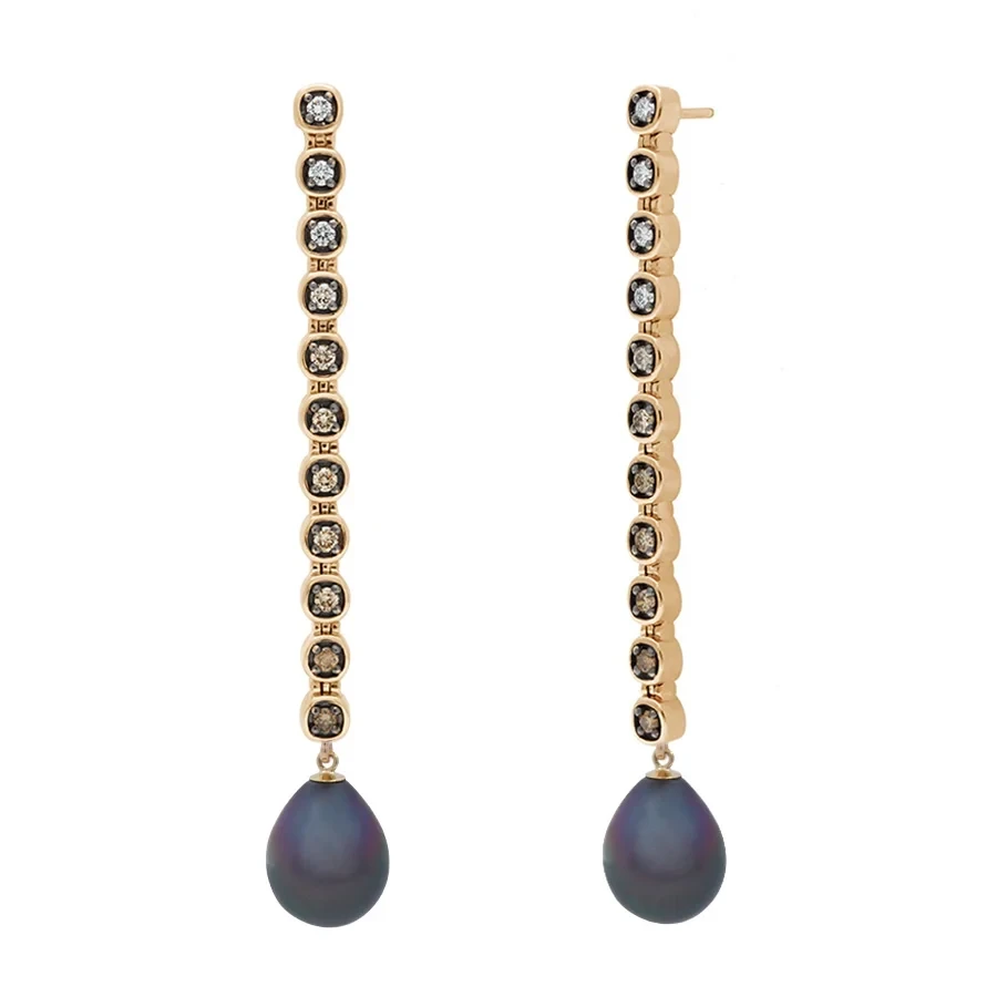 Ingot Cascading Line Earrings (PAIR) - Yellow Gold, Champagne & White Diamonds