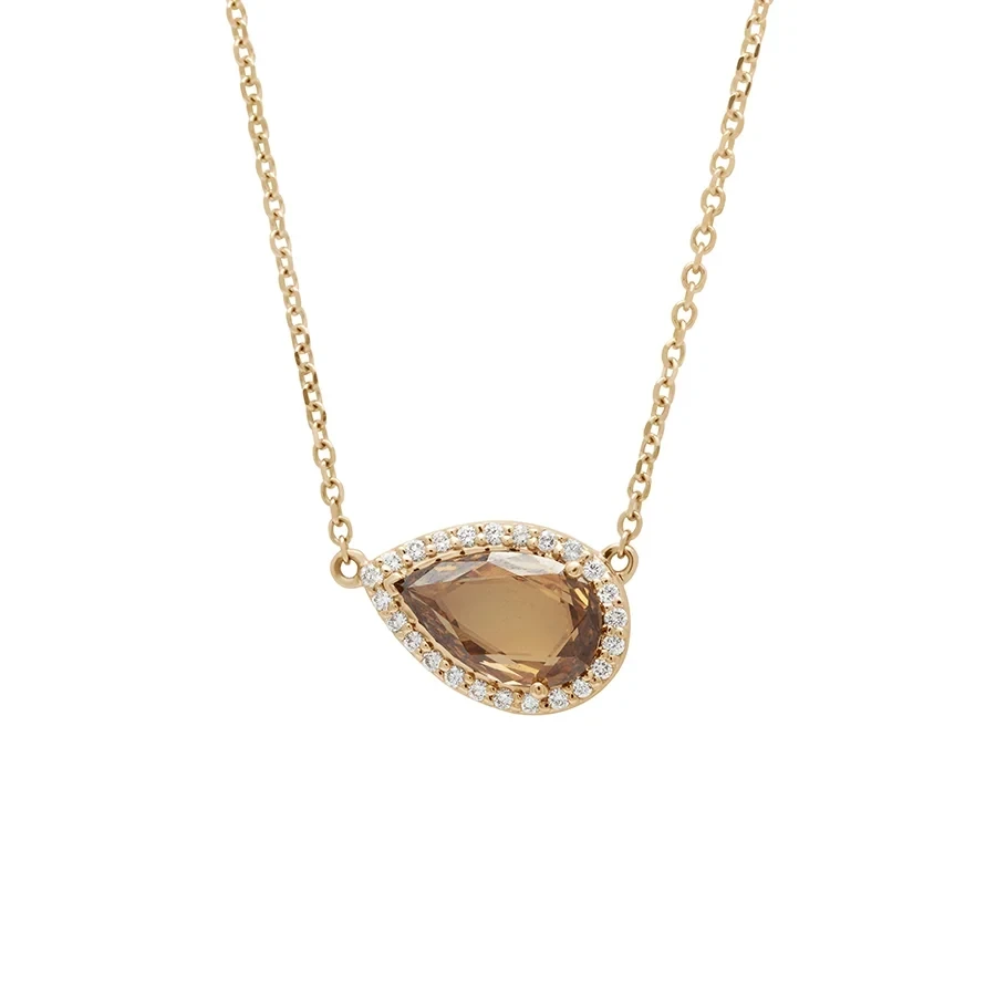 Pear Luna Halo Necklace - Yellow Gold, Champagne & White Diamonds