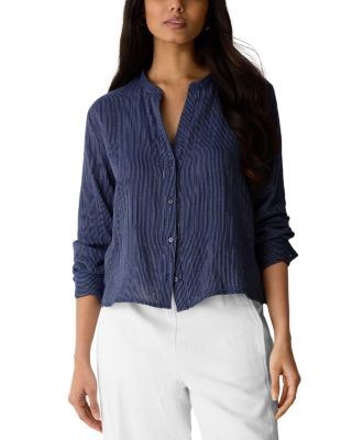 Eileen Fisher Striped Cotton Gauze Mandarin Collar Shirt