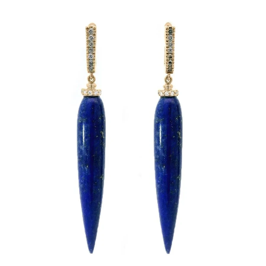 Luna Pendulum U Hoop Earrings - Yellow Gold, Lapis & White Diamonds