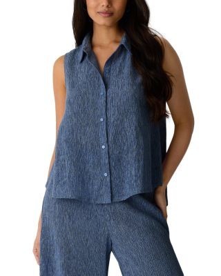 Eileen Fisher Plisse Classic Collar A Line Sleeveless Shirt