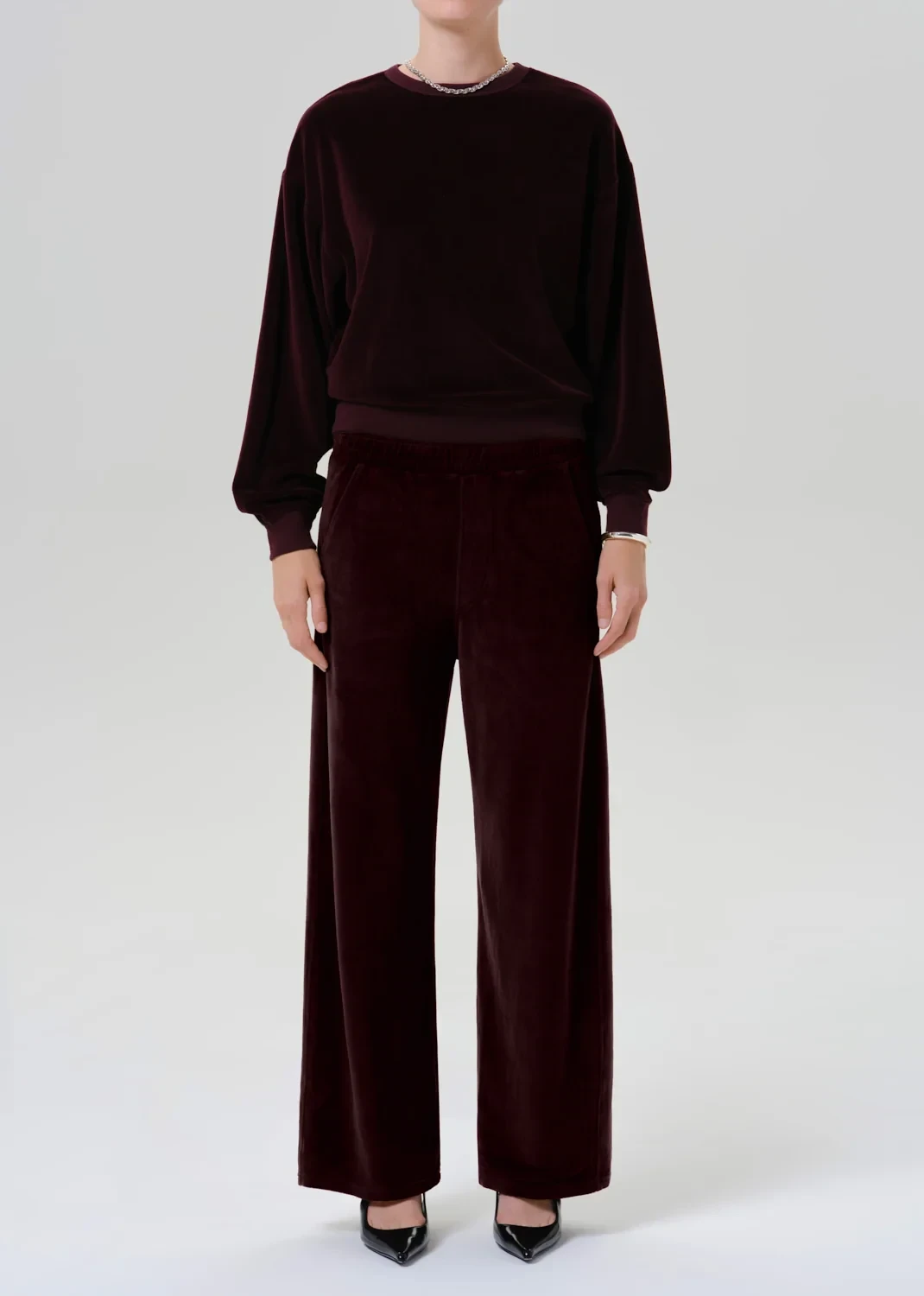 Brynn Drawstring Plush Velour Pant in Burgundy