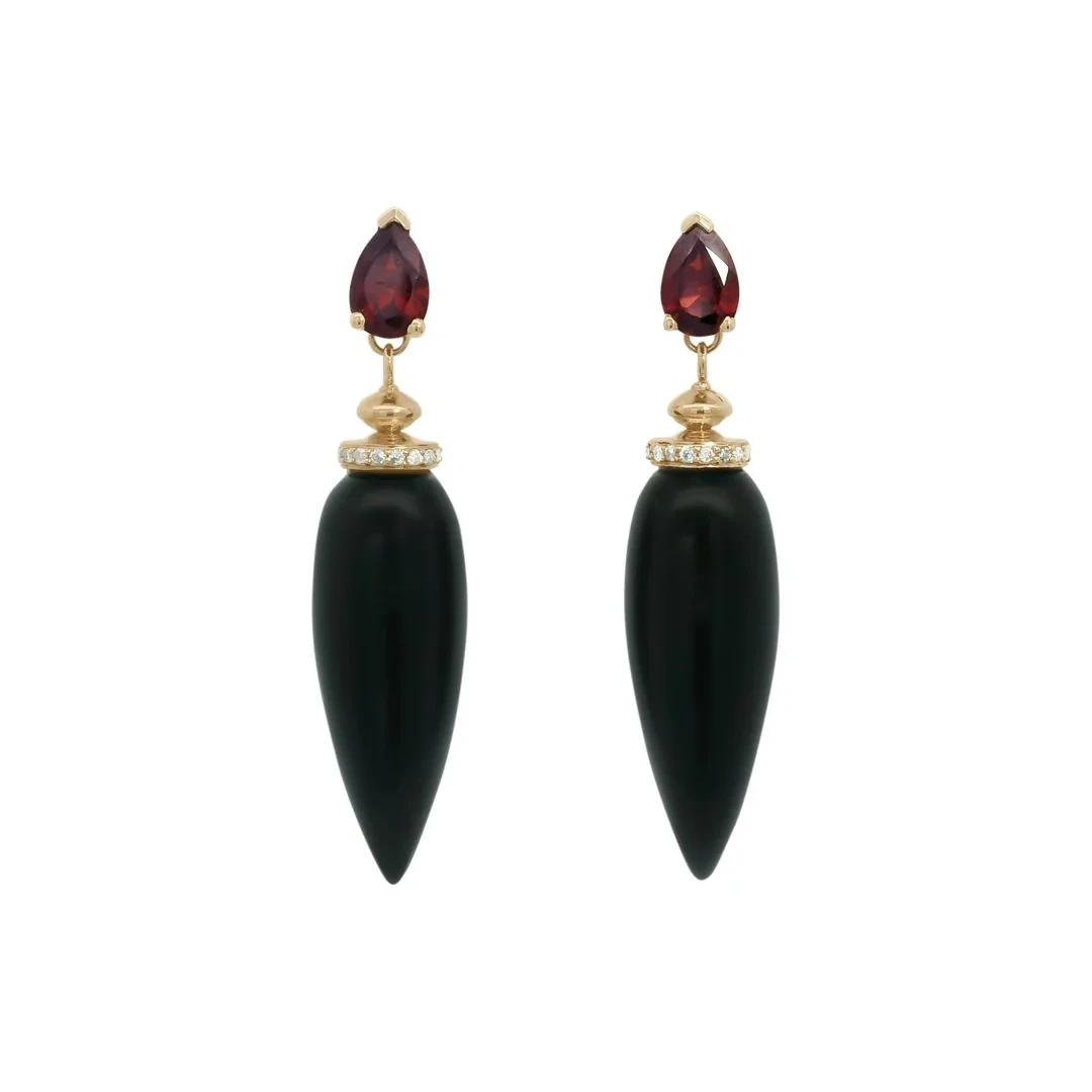 Luna Halo Pendulum Earrings - Yellow Gold, Black Onyx & Grey Diamonds