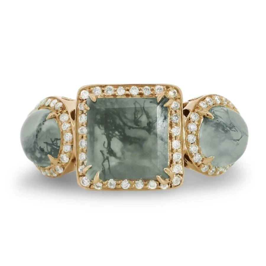 Astarte Ring - Yellow Gold, Moss Agate & White Diamonds