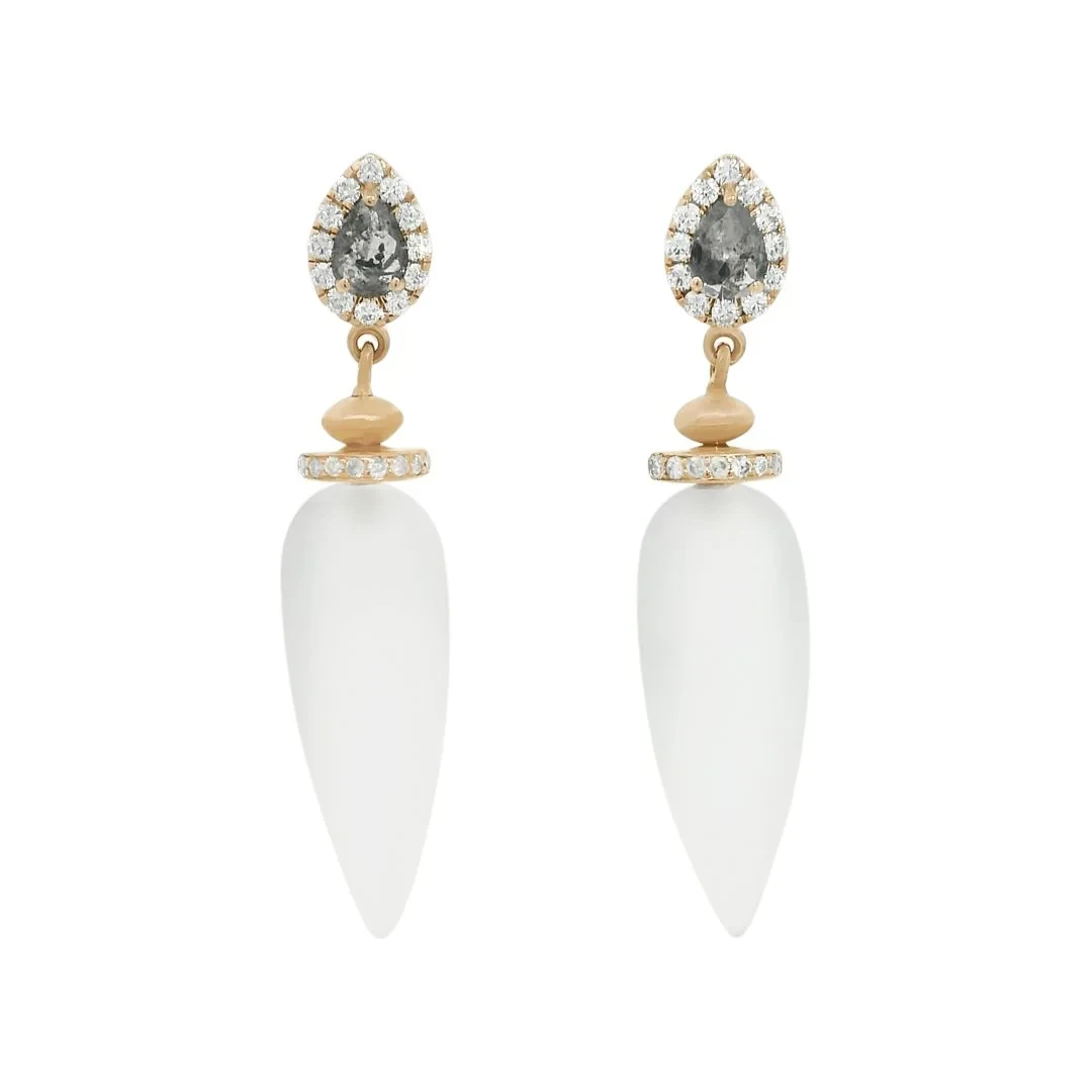 Luna Halo Pendulum Earrings (PAIR) - Yellow Gold, Frosted Quartz & Grey Diamonds