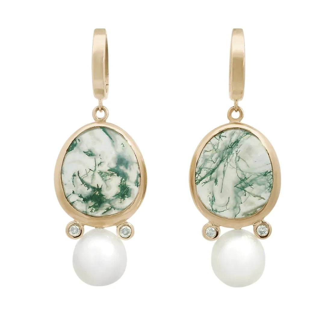 Moss Agate Amulet Drop Earrings (PAIR) - Yellow Gold, Moss Agate & Pearl