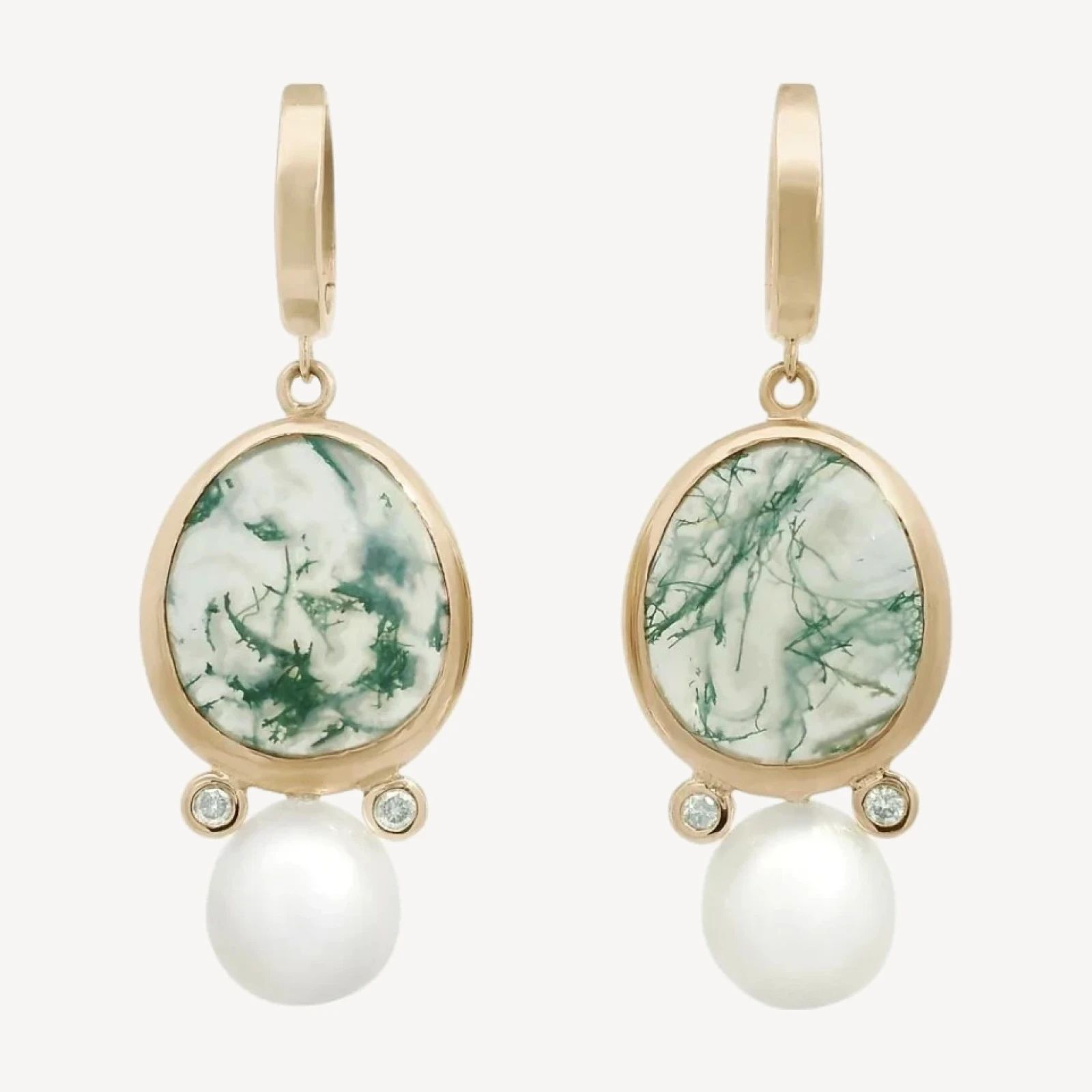 Moss Agate Amulet Drop Earrings (PAIR) - Yellow Gold, Moss Agate & Pearl