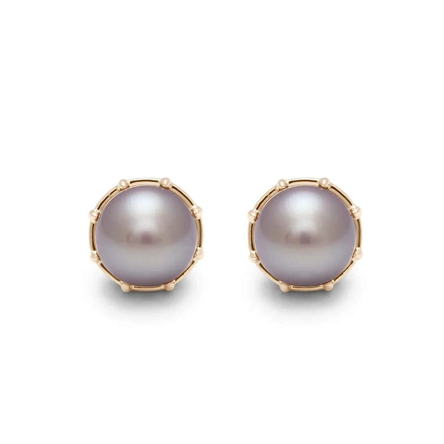 Emma Lace Cap Pearl Studs - 14k Yellow Gold & Lilac Pearl (8.6mm)