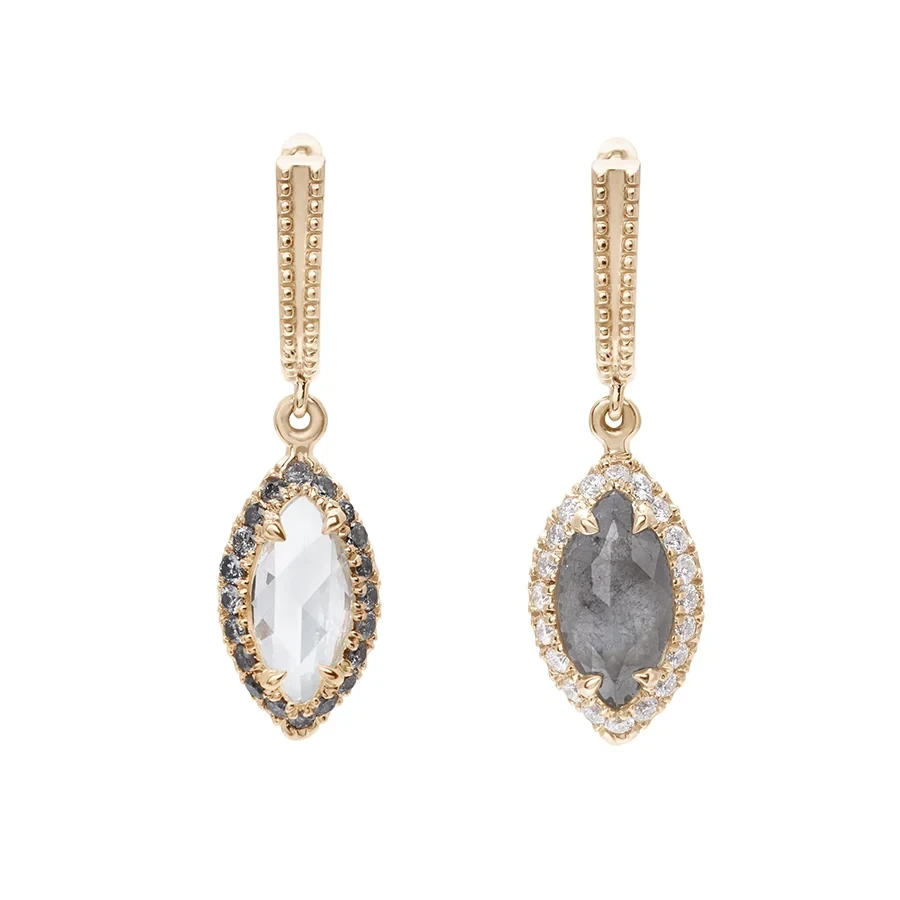 Petit Attelage Marquise Drop Earrings (PAIR) - Yellow Gold, White & Grey Diamonds