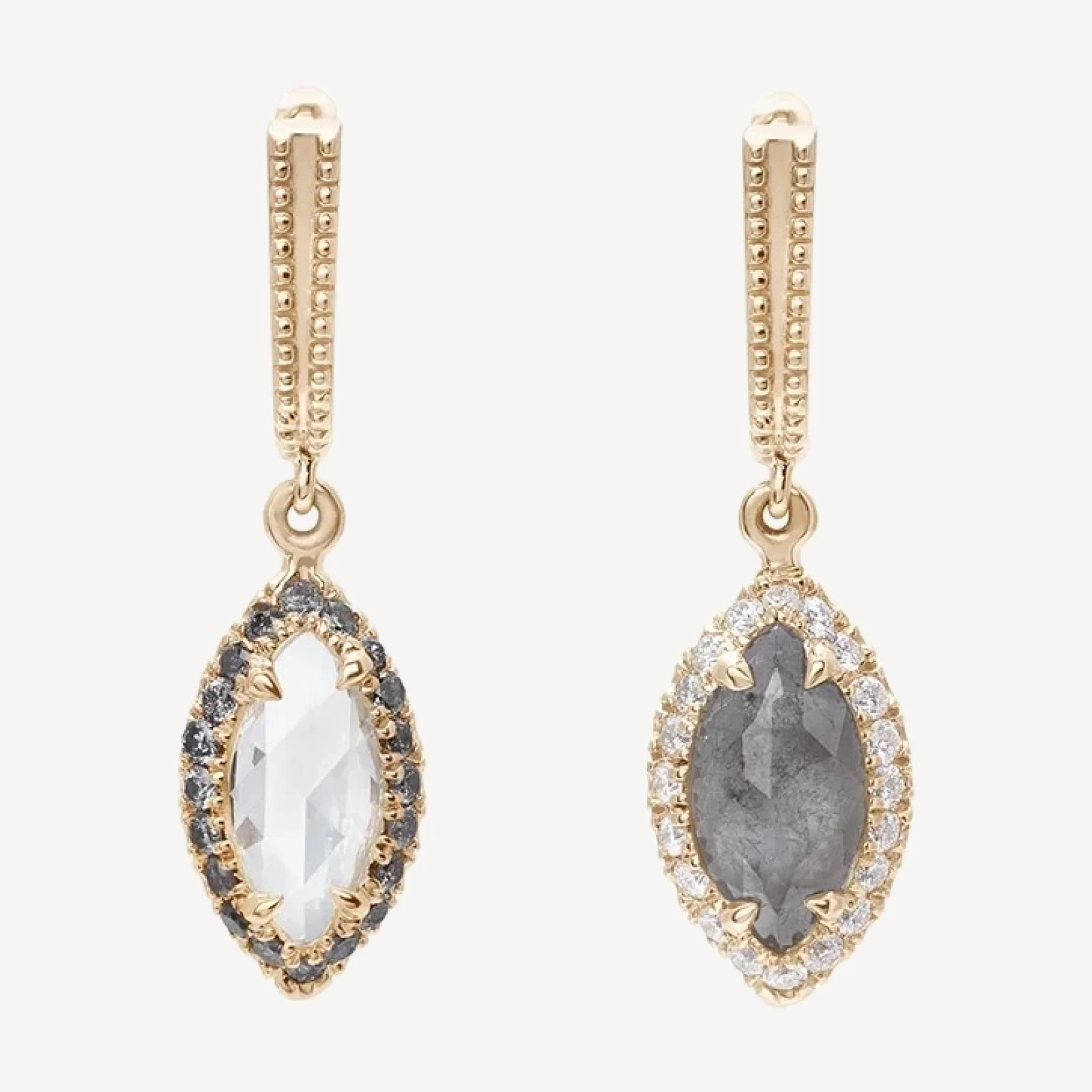 Petit Attelage Marquise Drop Earrings (PAIR) - Yellow Gold, White & Grey Diamonds