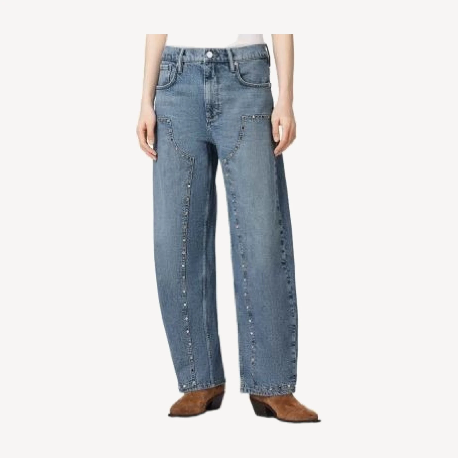 Allsaints Sadie High Rise Studded Ankle Barrel Jeans in Light Indigo