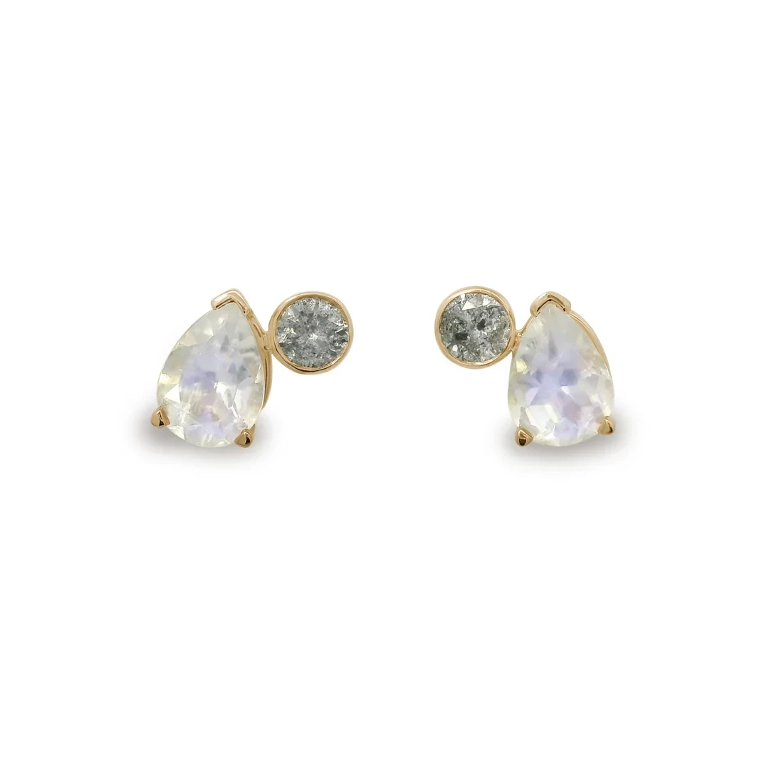 Toi Et Moi Studs (Medium) PAIR - Yellow Gold, Rainbow Moonstone & Grey Diamonds