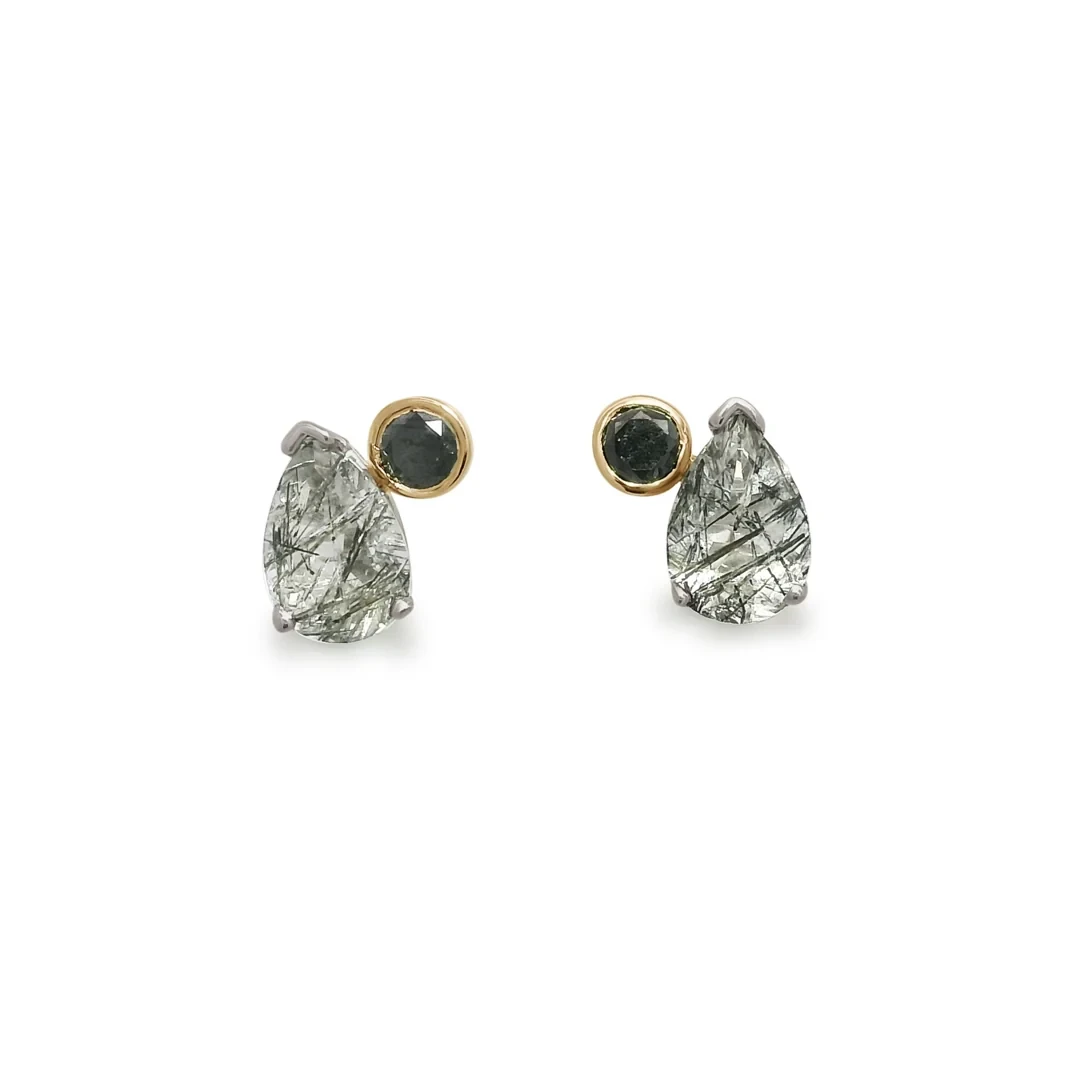 Toi Et Moi Studs (Petit) PAIR - Sterling Silver, Black Rutile Quartz & Black Diamonds