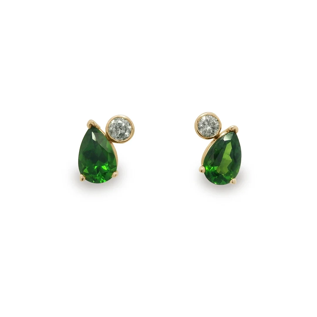 Toi Et Moi Studs (Petit) PAIR - Yellow Gold, Chrome Green Diopside & Grey Diamonds