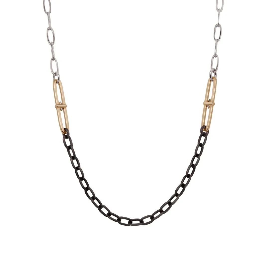 Mixed Metal Paperclip Necklace - 14k gold, Patina'd Silver & Grey Diamond