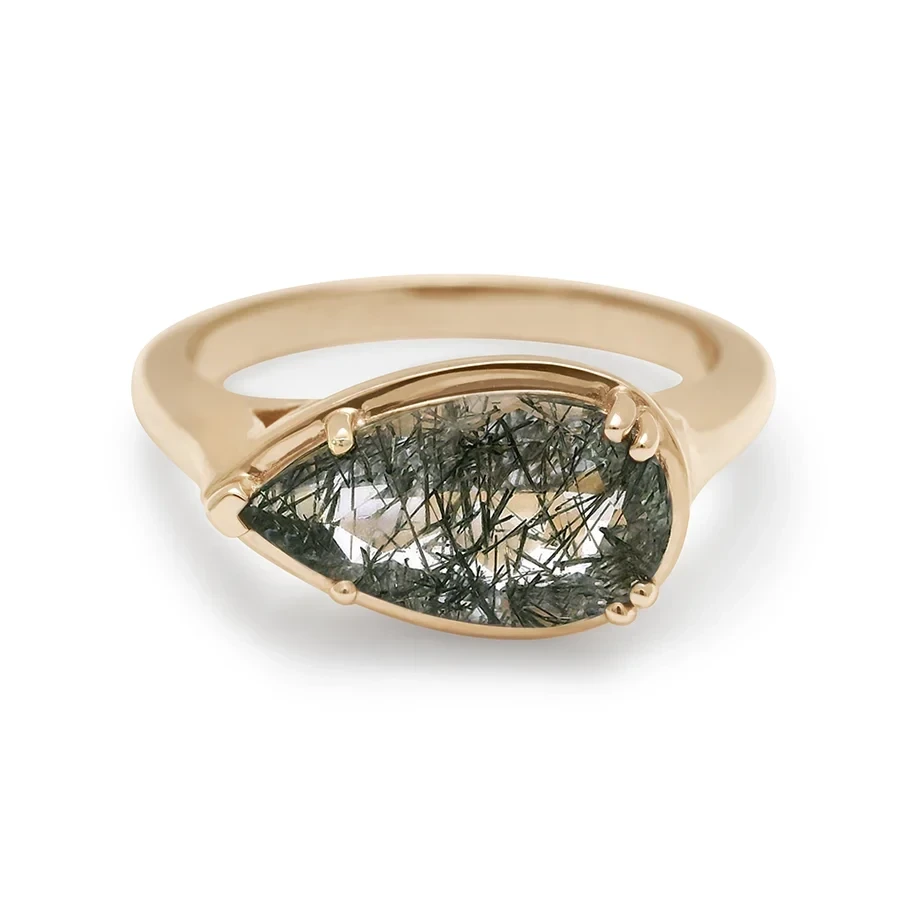 Luna Pear Ring - 14k Yellow Gold & Black Rutilated Quartz