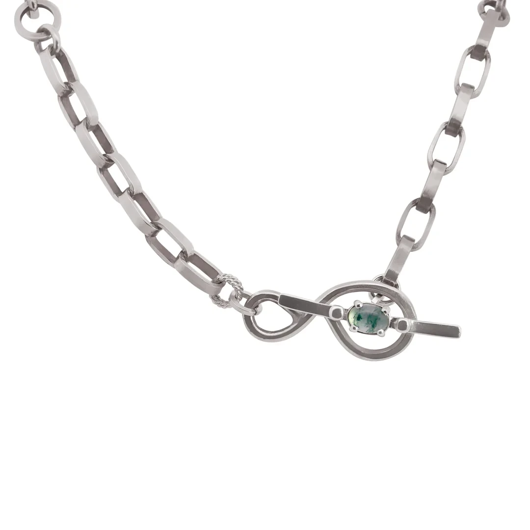 Silver Toggle Necklace - Sterling Silver & Moss Agate