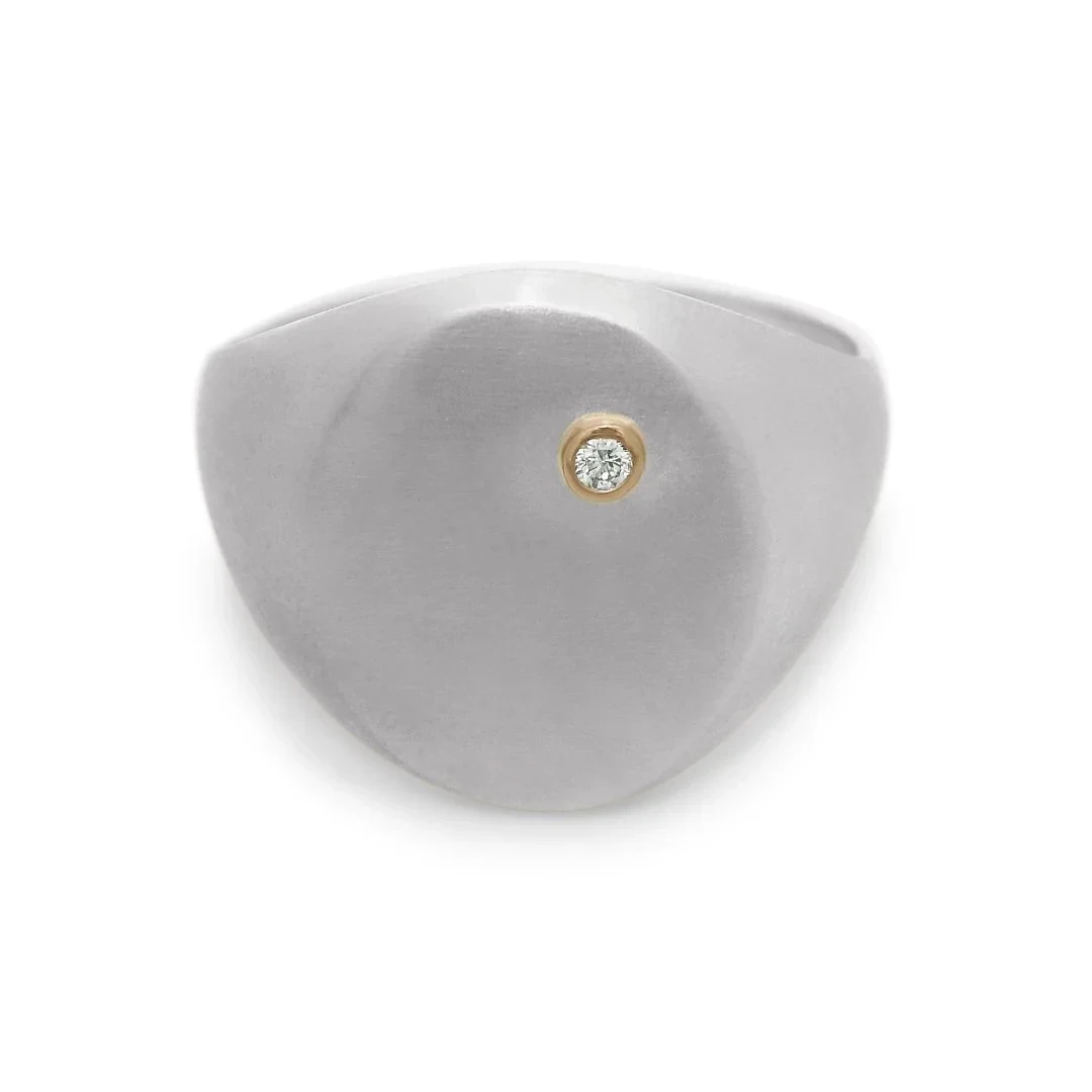 Mixed Metal Signet Ring - Brushed Sterling Silver, 14k Gold & Grey Diamond