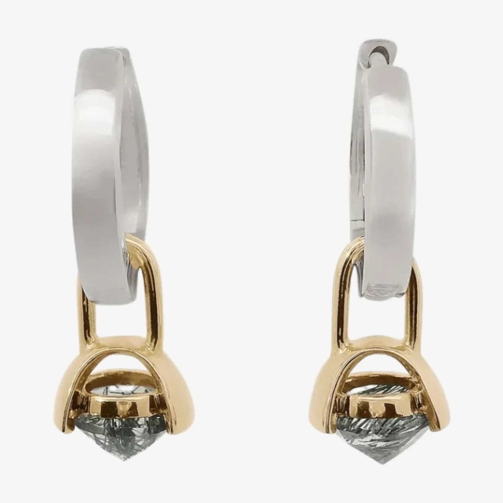 Mixed Metal Inverted Drop Hoops (PAIR) - Sterling Silver, Yellow Gold & Black Rutile Quartz
