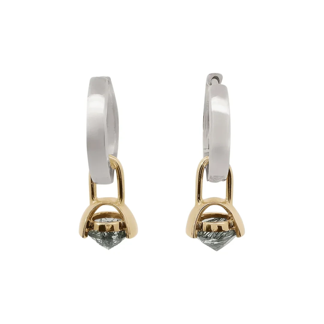 Mixed Metal Inverted Drop Hoops (PAIR) - Sterling Silver, Yellow Gold & Black Rutile Quartz
