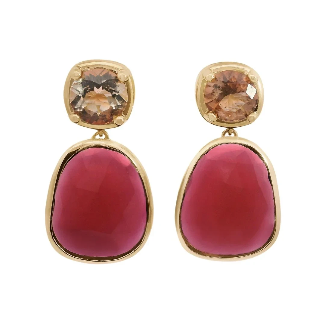Ingot Drop Earrings - Yellow Gold, Tourmaline & Sunstone