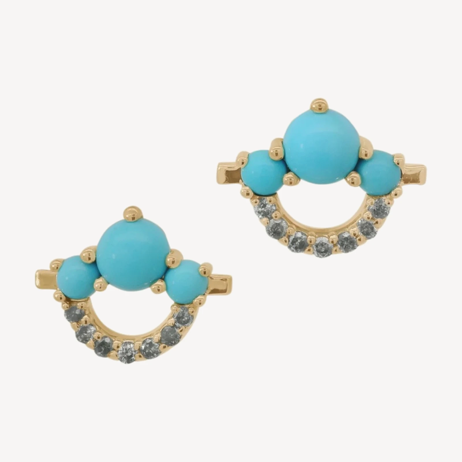 Three Stone Arc Pavé Stud Earrings (PAIR) - Yellow Gold, Turquoise & Grey Diamond