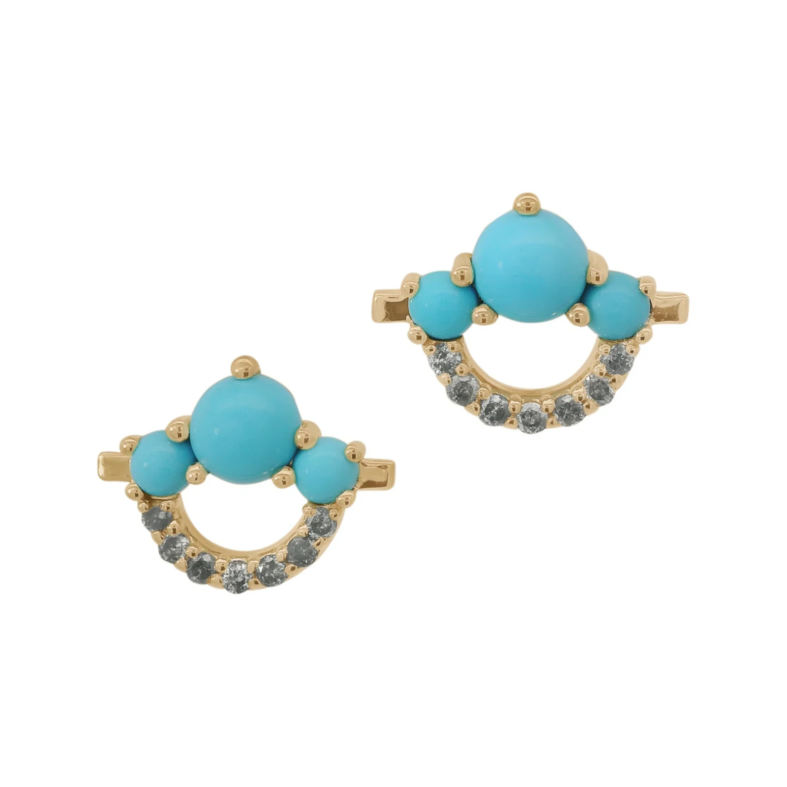Three Stone Arc Pavé Stud Earrings (PAIR) - Yellow Gold, Turquoise & Grey Diamond