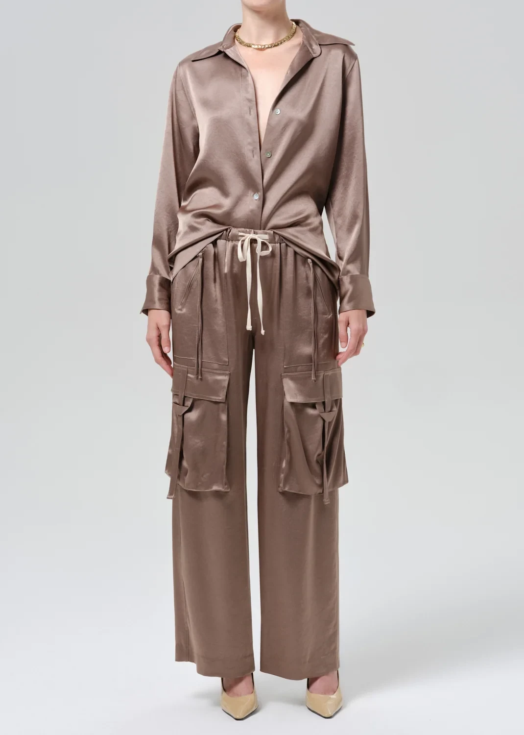 Andira Japanese Hammered Satin Pull On Pant in Cocoa