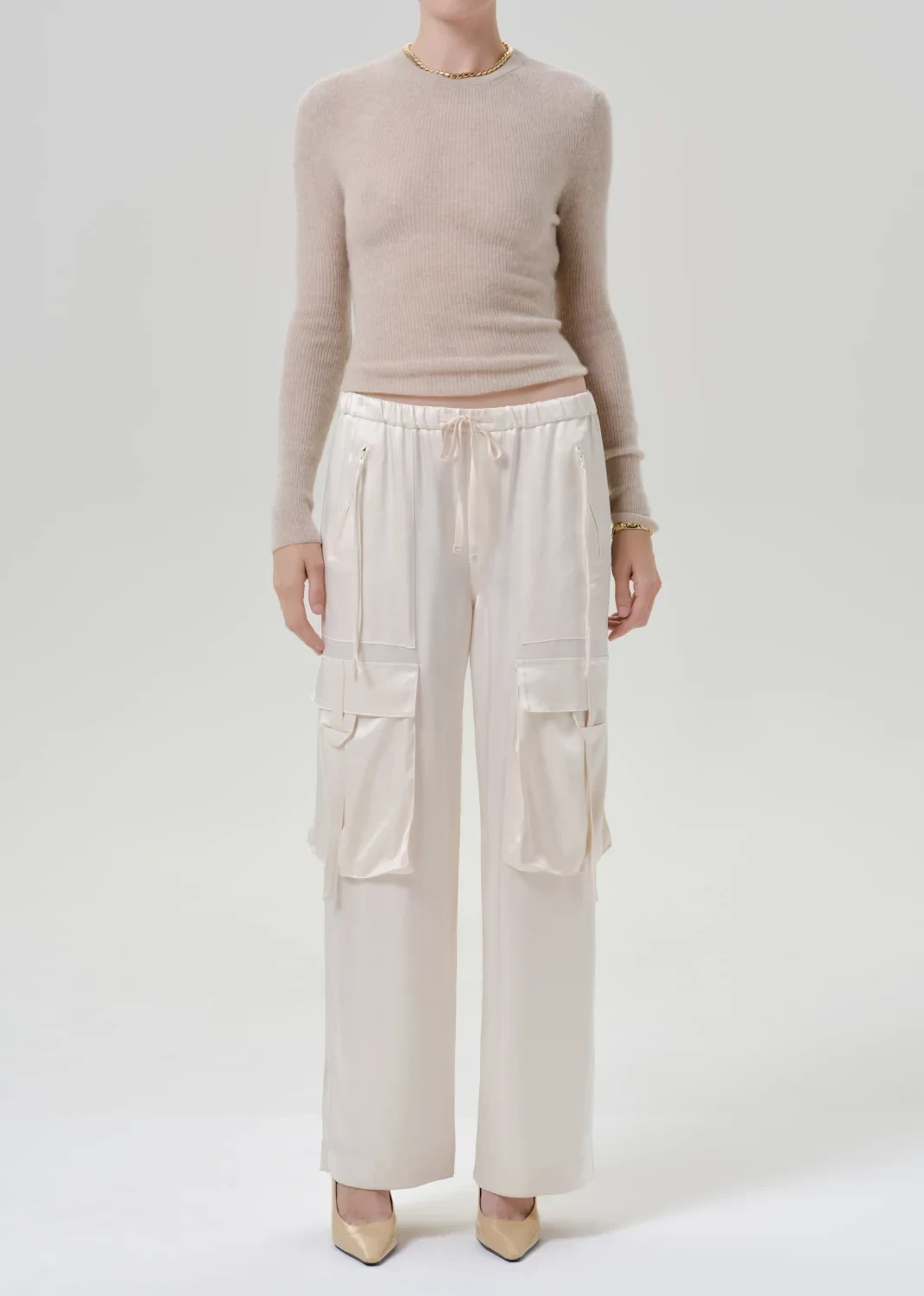 Andira Japanese Hammered Satin Pull On Pant in Cream
