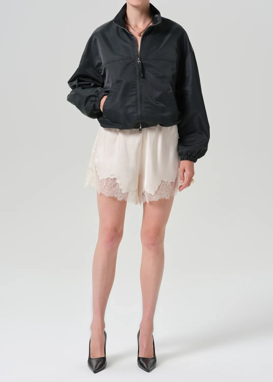 Lace Trimmed Japanese Hammered Satin Tap Short in Cream