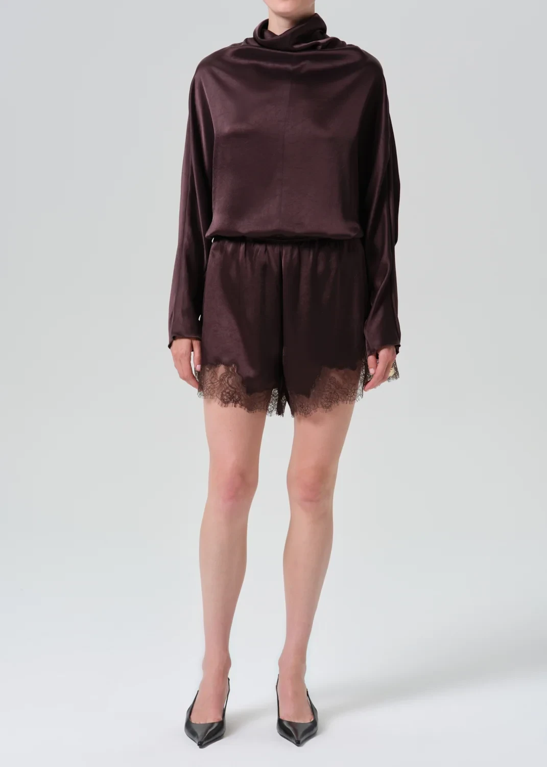 Lace Trimmed Japanese Hammered Satin Tap Short in Espresso
