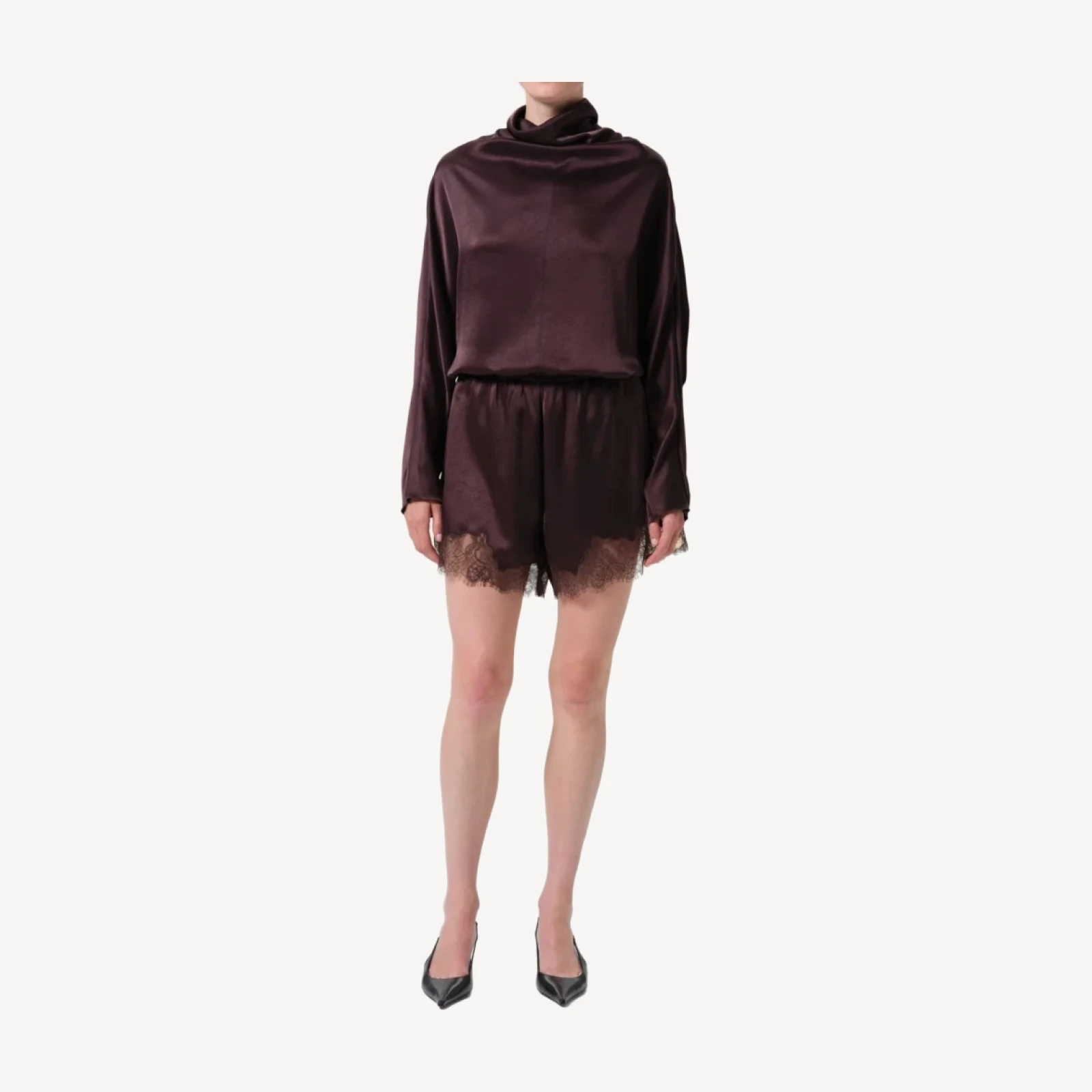 Lace Trimmed Japanese Hammered Satin Tap Short in Espresso