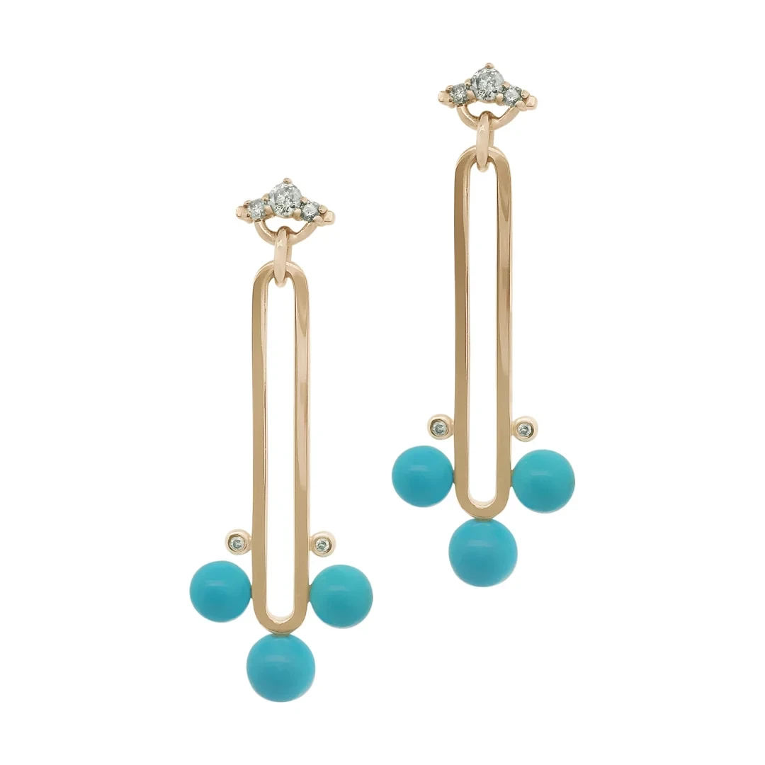 Arc Drop Turquoise Talisman Earrings (PAIR) - Yellow Gold, Turquoise & Grey Diamond