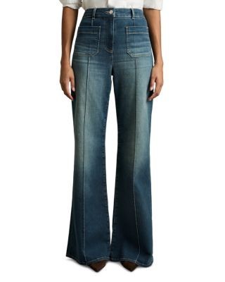 Reiss Sakura Patch Pocket High Rise Flare Jeans in Mid Blue