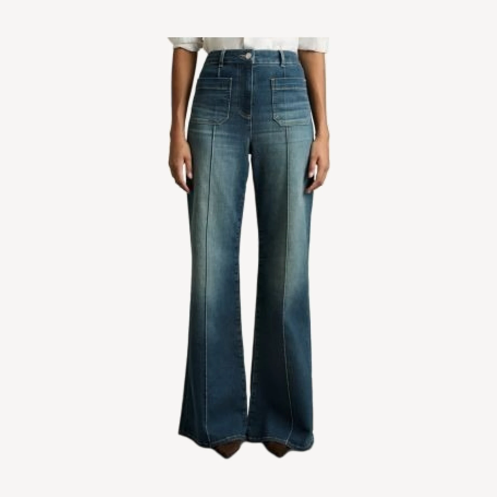 Reiss Sakura Patch Pocket High Rise Flare Jeans in Mid Blue