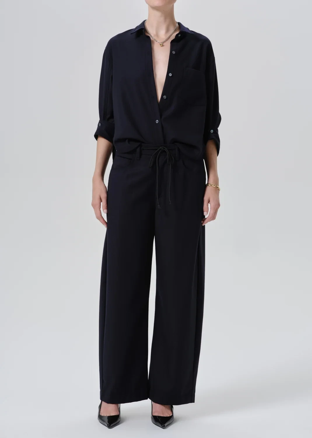 Brynn Drawstring Italian Virgin Wool Trouser in Navy
