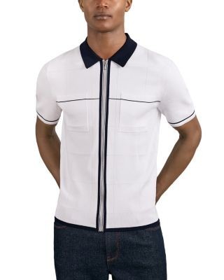 Reiss Baxter Short Sleeve Zip Through Windowpane Texture Polo Shirt