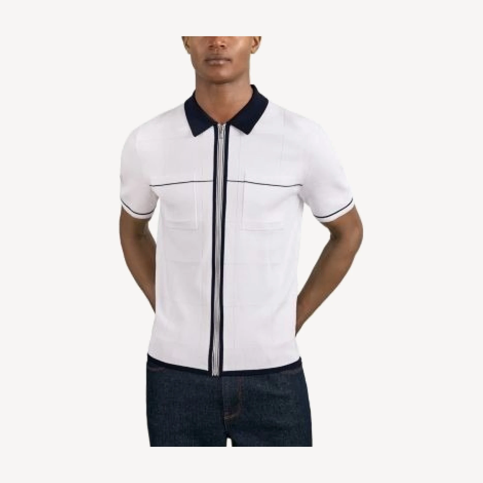 Reiss Baxter Short Sleeve Zip Through Windowpane Texture Polo Shirt