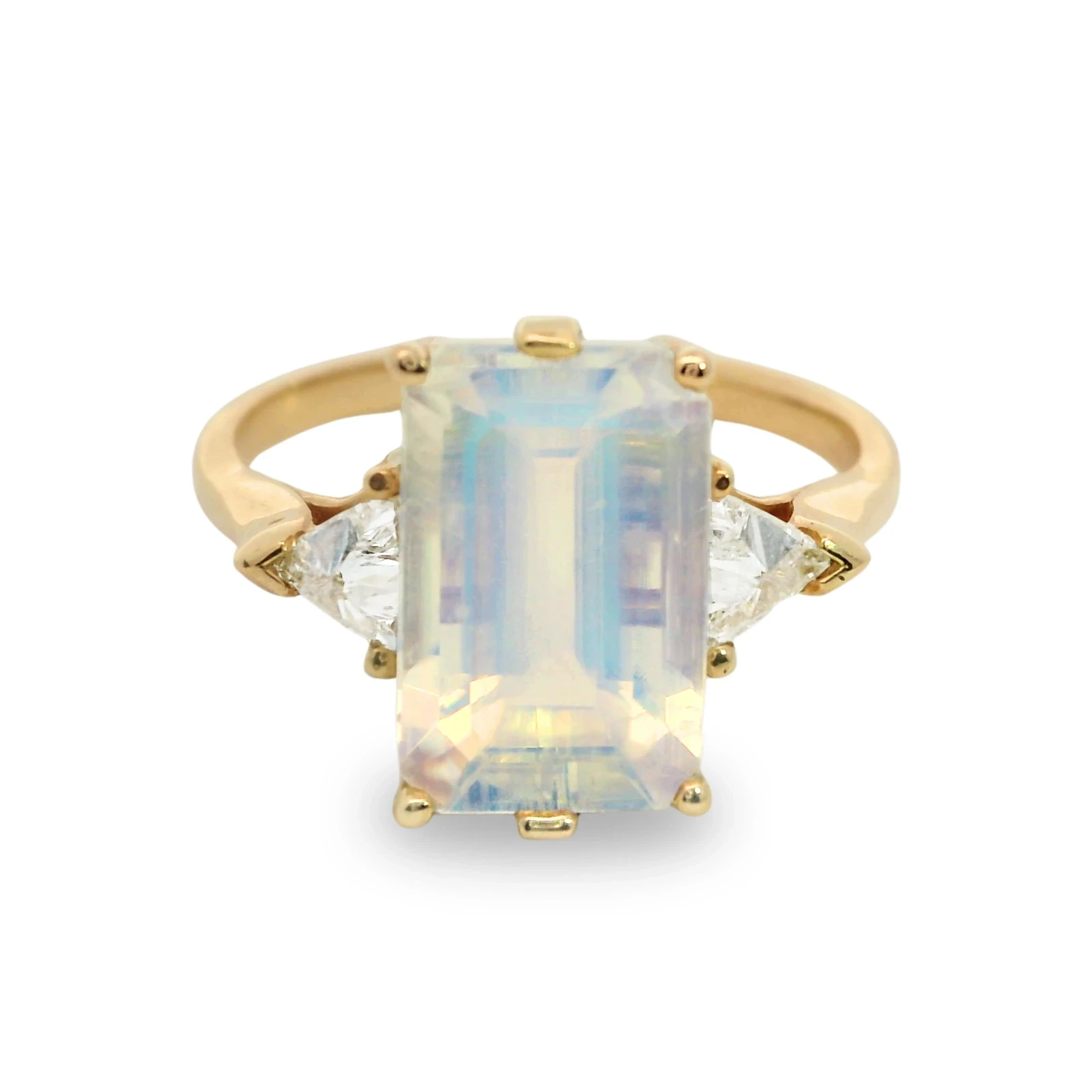 Bea Three Stone Ring - Yellow Gold, Rainbow Moonstone (11x7mm) & White Diamond